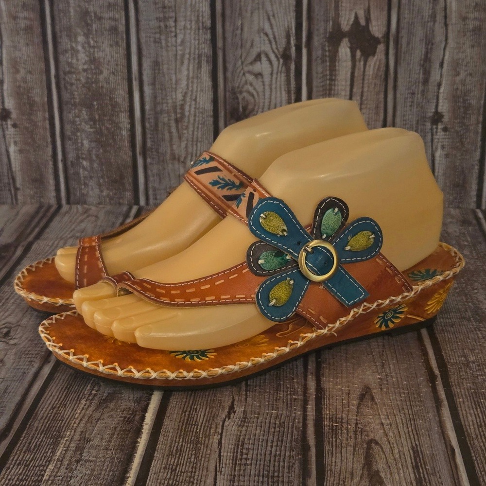 Sz 38 / 7.5-8 Spring Step L'Artiste Santorini Tan Leather Floral Wedge Sandals